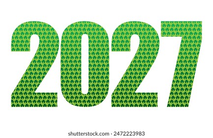 Feliz Día de San Patricio. Número Dos Mil Veintisiete Con Tres Patrones De Trébol De Hojas. Número Verde 2027 Aislado Sobre Un Fondo Blanco
