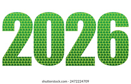 Feliz Día de San Patricio. Número Dos Mil Veintiséis Con Tres Patrones De Trébol De Hojas. Número Verde 2026 Aislado Sobre Un Fondo Blanco
