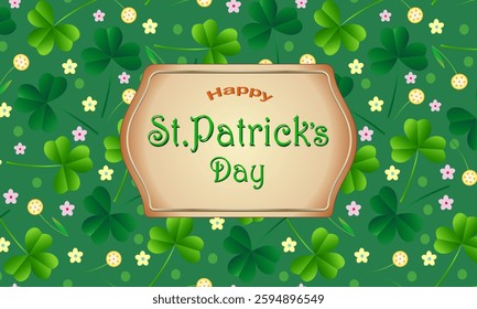 Happy St. Patrick's Day. An old figured frame, a plaque against the background of a clover pattern.Banner, poster, flyer, greeting card.