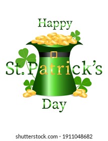 Happy St. Patrick's Day on white. Hat with coins, clover, text. Vector illustration.