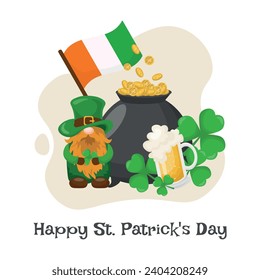 Happy St Patrick's Day  on 17 March with Golden Coins, happy leprechaun   Beer Pub and Shamrock in Flat Cartoon Background Design. Vector Illustration