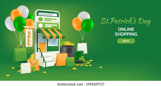 Happy St. Pattrick's Tag Online-Shopping per Smartphone, Mobile mit Einkaufstasche, Glück Shamrock, Kobobaun-Hut, schwarzer Topf mit Goldmünzen und Ballon auf grünem Hintergrund, Vektorgrafik