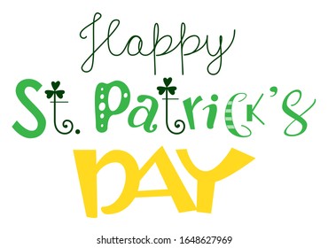 Happy St. Patrick's day ornate text greeting card template. Isolated on white vector cartoon illustration