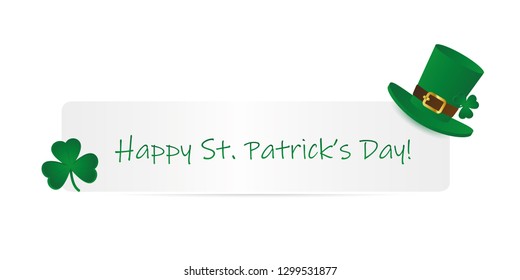 happy St. Patricks Day paper label with hat and clover vector illustration EPS10