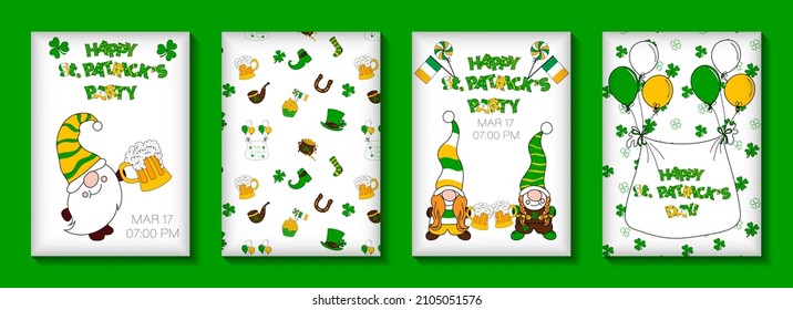 Happy St. Patrick's day party posters set with gnomes and beers. Vector illustration. Brochure background, banner, poster, party invitation. Seamless patterns in swatches.