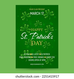 Happy St. Patrick's Day party design template. Congratulatory background for flyer, poster, banner, holiday invitation. Green shamrocks, celebration text. Green background. Vector illustration.