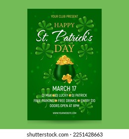 Happy St. Patrick's Day party invitation poster. Design for flyer, greeting card, banner, invitation. Clover, cauldron with gold coins, advertising text. Green background. Vector illustration.