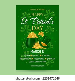 Happy St. Patrick's Day Party Invitation. Background for flyer, banner, greeting card. Shamrock clover, cauldron with gold coins, Leprechaun hat, advertising text. Vector illustration.