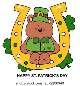 Happy St Patricks day party teddy bear cub on horseshoe Irish celebration. kawaii vector (whimsical characters) illustration. Series: Rich fun Leprechaun Lucky Shamrock. Cute animal magical fantasy.