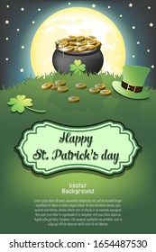 Happy St. Patricks day. St. Patrick hat and pot with gold on the background of the moon. Pattern for banner, poster, greeting card, invitation. Vector illustration