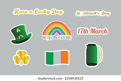 Happy St. Patrick's Day. Patrik's day design elements, patrik's day stickers design vector, rainbow, flag, text, hat, tea pot