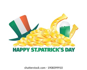 Happy St. Patrick's Day. A pile of gold coins with a gold horseshoe and a leprechaun hat, a traditional Irish hat. Isolated on white background. Vector illustration