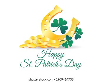 Happy St. Patrick's Day. Pile of gold coins with clover and gold horseshoe. Banner for promotional items, greeting cards and printing. Vector illustration