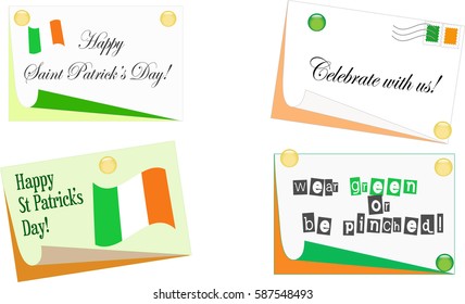 Happy St Patrick's Day pinned notes in Irish flag colors with golden pins