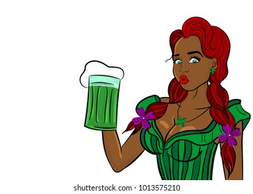Happy St Patrick's Day pop art. Sexy black african surprised woman wow face hold ale green glass. Holiday vector illustration greeting. Shamrock cartoon clover. Colored kitsch. Comic book.