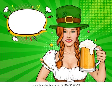 Happy St Patrick's day pop art vector illustration. Young woman in green hat with clover and glass of beer in hand. Smiling waitress girl with shamrock holding alcohol drink. Irish celebration concept