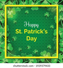 happy st patrick's day post background with clover leaf and yellow frame