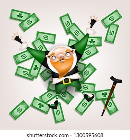 Happy St. Patrick's Day! Postcard, flyer, invitation. Character with a red beard  posing on a light background. Cartoon funny gnome with a cane lying on the banknotes. Vector illustration,