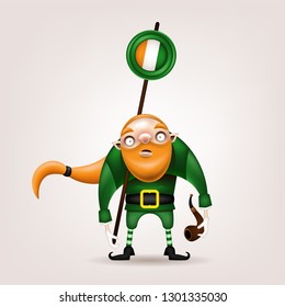 Happy St. Patrick's Day! Postcard, flyer. A character with a red beard and a pipe poses on a light background. Cartoon funny gnome is holding a stick with the Irish flag. Vector illustration.