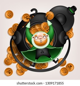 Happy St. Patrick's Day! Postcard, flyer, invitation. Character with a red beard posing on a light background. Cartoon funny leprechaun lying on a large pot of gold coins. Vector illustration.