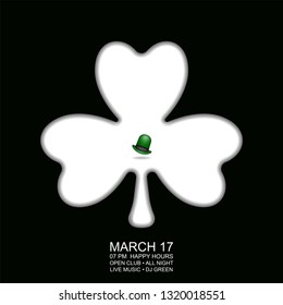 Happy St. Patrick's Day! Postcard, flyer, invitation to a holiday or a party. Green hat of the gnome on the symbol of the holiday. White sheet of trefoil on a black background. Vector illustration.