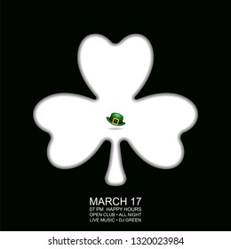 Happy St. Patrick's Day! Postcard, flyer, invitation to a holiday or a party. Green hat of the gnome on the symbol of the holiday. White sheet of trefoil on a black background. Vector illustration.