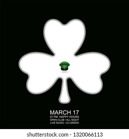 Happy St. Patrick's Day! Postcard, flyer, invitation to a holiday or a party. Green hat of the gnome on the symbol of the holiday. White sheet of trefoil on a black background. Vector illustration.