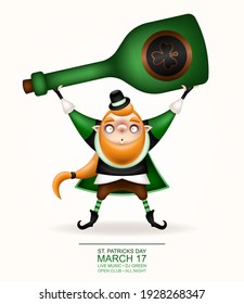 Happy St. Patrick's Day! Postcard, flyer, invitation. Character with a red beard in a suit on a light background. Cartoon funny leprechaun holding a big green bottle in his hands. Vector illustration.