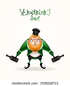 Happy St. Patrick's Day! Postcard, flyer, invitation. Character with a red beard in a suit on a light background. Cartoon funny leprechaun in a cap with bottles in his hands. Vector illustration.