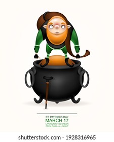 Happy St. Patrick's Day! Postcard, flyer, invitation. Character with a red beard, bag and cane posing on a light background. Cartoon funny leprechaun soy on a large golden sand pot. Vector.