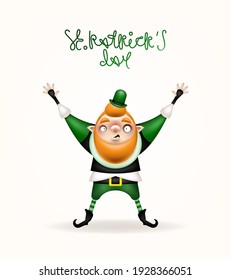 Happy St. Patrick's Day! Postcard, flyer, invitation. The character with a red beard in a green hat in a jump poses on a light background. Cartoon funny leprechaun holding a bottle of elixir. Vector