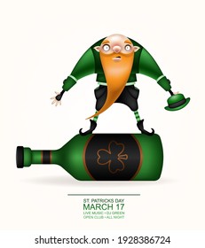 Happy St. Patrick's Day! Postcard, flyer, invitation. A character with a long red beard with a green hat posing on a light background. Cartoon funny gnome rolling on a big bottle. Vector illustration.