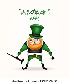 Happy St. Patrick's Day! Postcard, flyer, invitation. A character with a red beard. Cartoon funny leprechaun in green hat posing with a cane in his hand. Vector illustration.