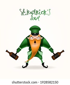 Happy St. Patrick's Day! Postcard, flyer, invitation. A character with a long red beard in a green cap posing on a light background. Cartoon funny leprechaun with bottles in his hands. Vector .