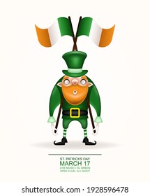 Happy St. Patrick's Day! Postcard, flyer, invitation. Character in a green hat with a red beard posing on a light background. Cartoon funny gnome holding Irish flags. Vector illustration.