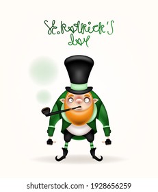 Happy St. Patrick's Day! Postcard, flyer, invitation. A character with a red beard in a big black hat posing on a light background. Cartoon funny gnome with a tobacco pipe in his mouth. Vector .