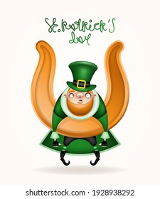Happy St. Patrick's Day! Postcard, flyer, invitation. Character with a red beard in a green hat posing on a light background. Cartoon funny leprechaun hanging on a big golden horseshoe. Vector 