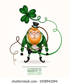 Happy St. Patrick's Day! Postcard, flyer, invitation. Character with a red beard in a suit on a light background. Cartoon funny leprechaun tangled in the stem of a trefoil. Vector illustration.