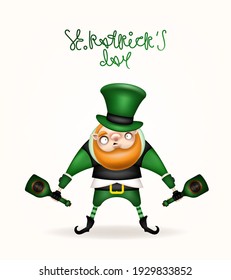 Happy St. Patrick's Day! Postcard, flyer, invitation. A character with a long red beard in a green cap posing on a light background. Cartoon funny leprechaun with bottles in his hands. Vector .