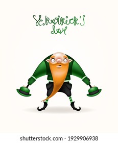 Happy St. Patrick's Day! Postcard, flyer, invitation. A character with a long red beard in a green cap posing on a light background. Cartoon funny leprechaun with bottles in his hands. Vector 
