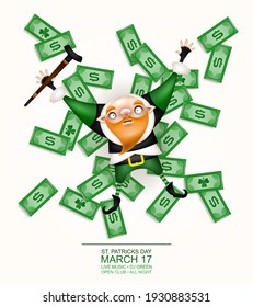 Happy St. Patrick's Day! Postcard, flyer, invitation. Character with a red beard in a patrick costume posing on a light background. Cartoon funny gnome with a cane lying on the banknotes. Vector 