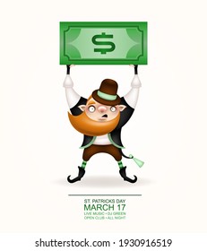 Happy St. Patrick's Day! Postcard, flyer, invitation. A character with a long red beard with a green hat posing on a light background. Cartoon funny gnome rolling on a big paper . Vector illustration.