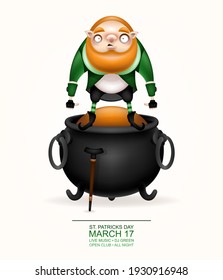 Happy St. Patrick's Day! Postcard, flyer, invitation. Character with a red beard, bag and cane posing on a light background. Cartoon funny leprechaun soy on a large golden sand pot. Vector 