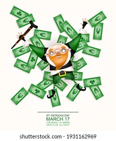 Happy St. Patrick's Day! Postcard, flyer, invitation. Character with a red beard in a patrick costume posing on a light background. Cartoon funny gnome with a cane lying on the banknotes. Vector.