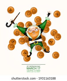 Happy St. Patrick's Day! Postcard, flyer, invitation. Character with a red beard in a patrick costume posing on a light background. Cartoon funny gnome lying on gold coins. Vector illustration.