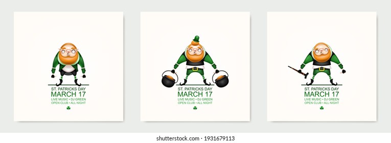 Happy St. Patrick's Day! Postcard, flyer, invitation. Patrick's ginger character posing and grimacing on a light background. Cartoon funny leprechaun in a festive costume. Vector illustration.