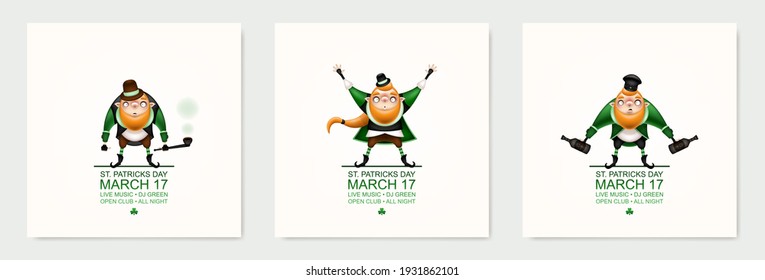 Happy St. Patrick's Day! Postcard, flyer, invitation. Patrick's ginger character posing and grimacing on a light background. Cartoon funny leprechaun in a festive costume. Vector illustration.