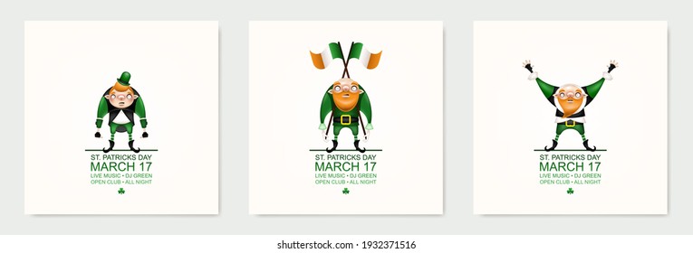 Happy St. Patrick's Day! Postcard, flyer, invitation. Patrick's ginger character posing and grimacing on a light background. Cartoon funny leprechaun in a festive costume. Vector illustration.