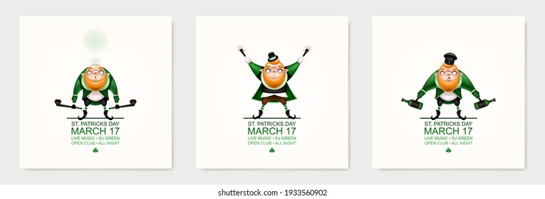 Happy St. Patrick's Day! Postcard, flyer, invitation. Patrick's ginger character posing and grimacing on a light background. Cartoon funny leprechaun in a festive costume. Vector illustration.