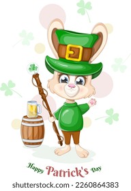 Happy St. Patrick's Day postcard. Cute bunny with cane, beer mug and barrel